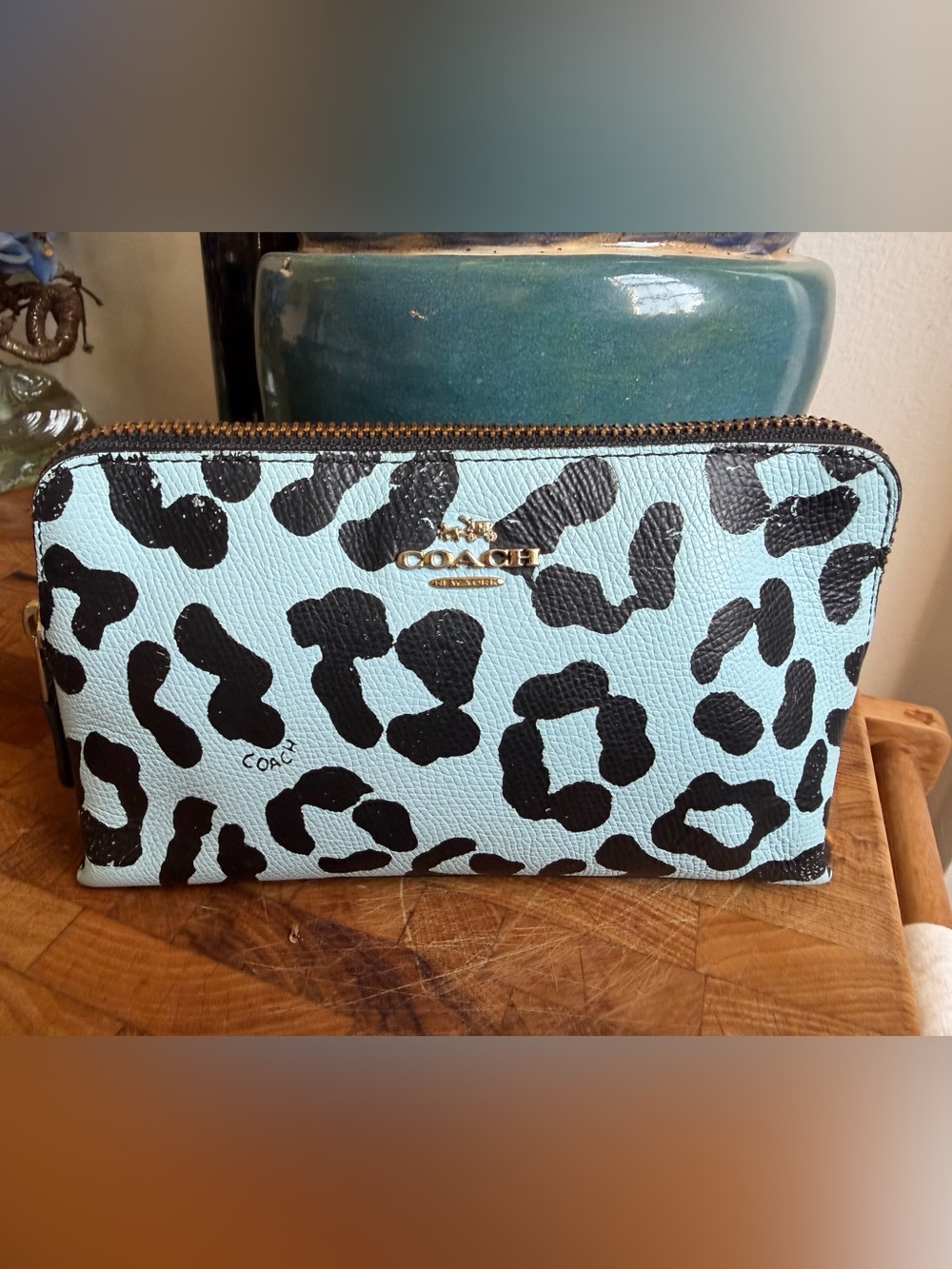 Coach 52952 Madison Ocelot Leopard Blue Leather Cosmetic Pouch